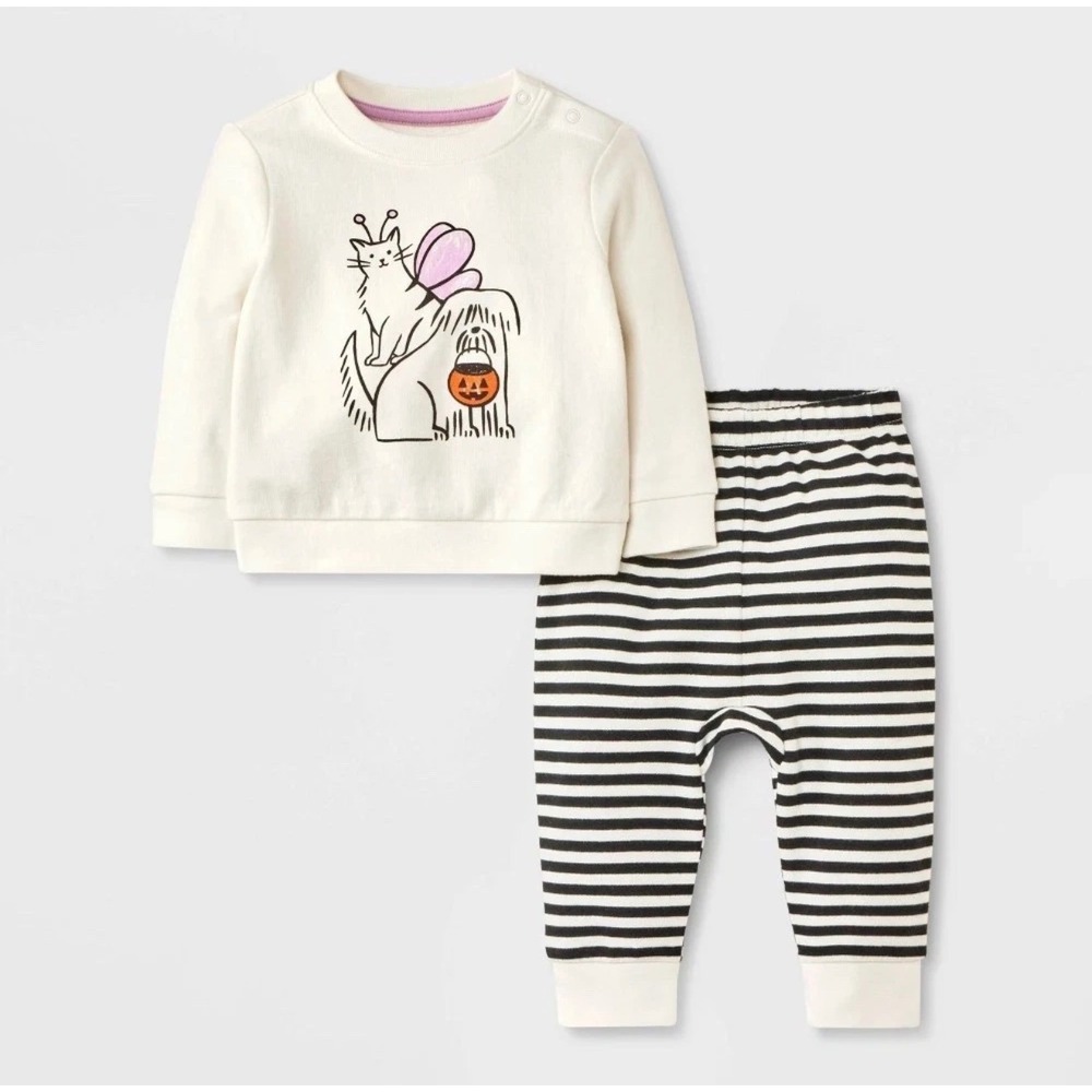 Cat & Jack Baby Halloween Sweatshirt & Striped Joggers Set Cream Black 6-9M NWT